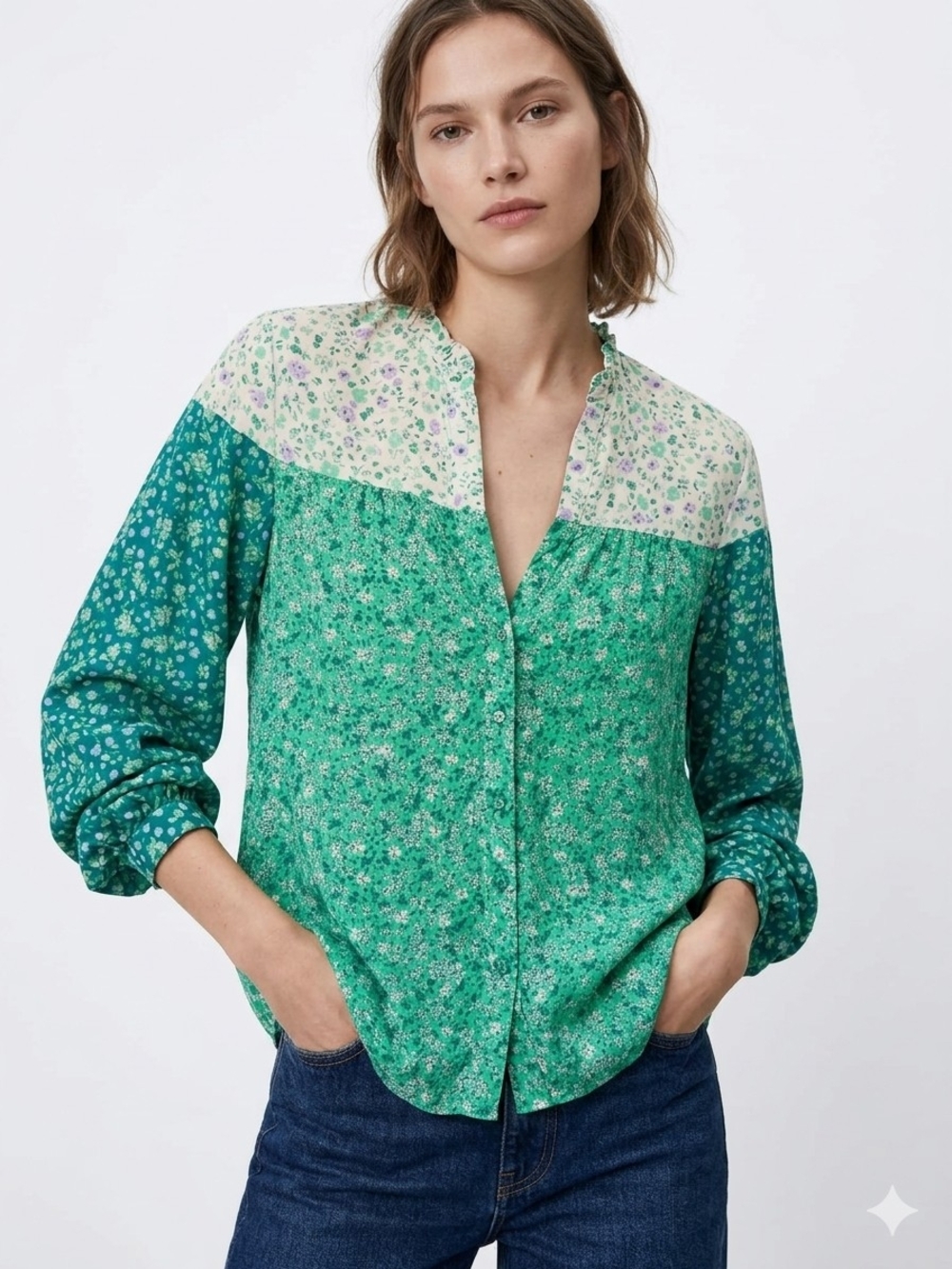 Green Mixed-Print Floral Button-Up Blouse
